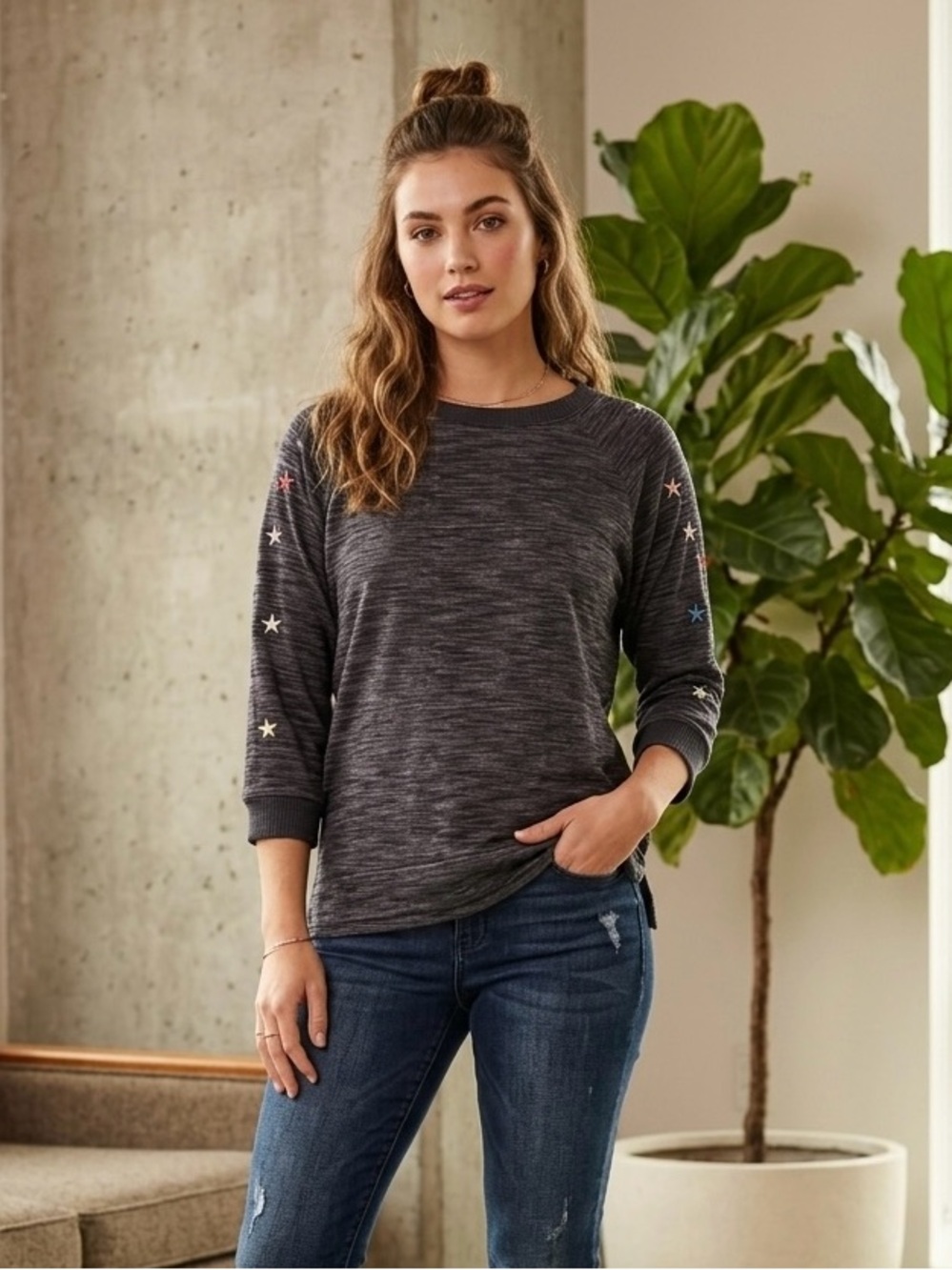 Secret Treasures Charcoal Star Accent Crewneck Sweater